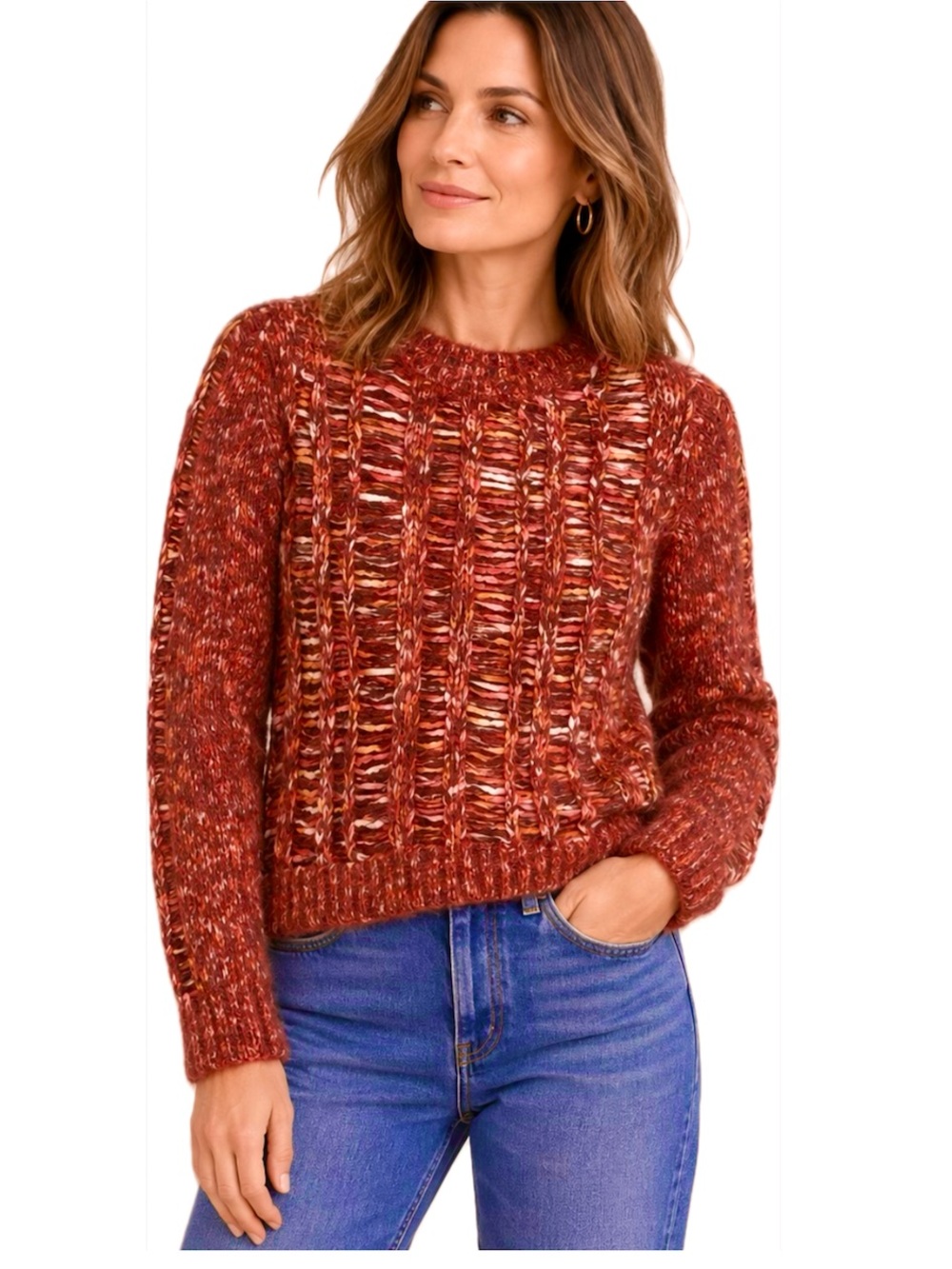 rag & bone Marled Crewneck Cable Knit Sweater Red Medium